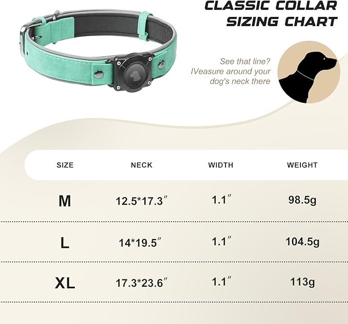 AirTag Dog Collar - Leather Dog Collar with Air Tag Holder | IPX8 Waterproof, Reflective, High - End, Adjustable Soft Padded | Dog GPS Tracker Collars Fit for Medium Large Dogs (Teal, M)-PurrikoPets