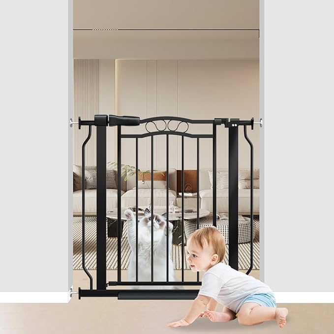 29.53"-33.85" Mornyray Auto-Close Baby Gate Extra Wide, Pressure Mounted Dog & Pet Gate for Stairs Doorways, No Drill Safety Barrier with Lace Design, Metal Child Proof Gate Indoor Outdoor, Black-PurrikoPets