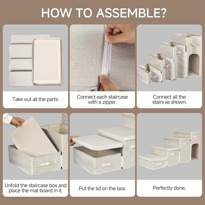 Dog Stairs with Storage, Folding Pet Steps with Zip for Small Dogs and Cats, 4-Step Pet Stairs with Pet House for High Bed, Couch and Car Ramp, Up to 200 Lbs (Beige, 4 Steps with Condo)-PurrikoPets