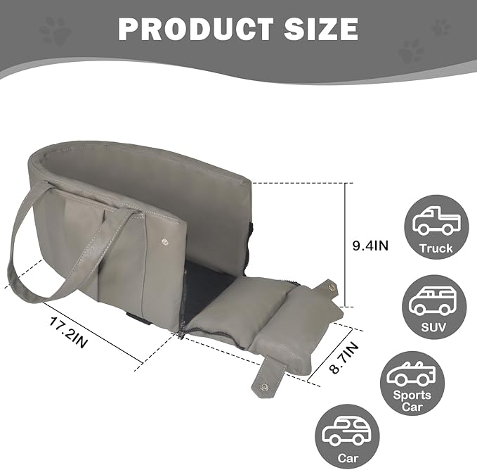 2 and 1 Center Console Dog Car Seat & Carrier for Small Dogs, Large Leather Dog Car Bed with Storage Pocket, Waterproof PVC Leather Seat Travel Bed for Front & Back Seat, Clip-On Safety Leash-PurrikoPets
