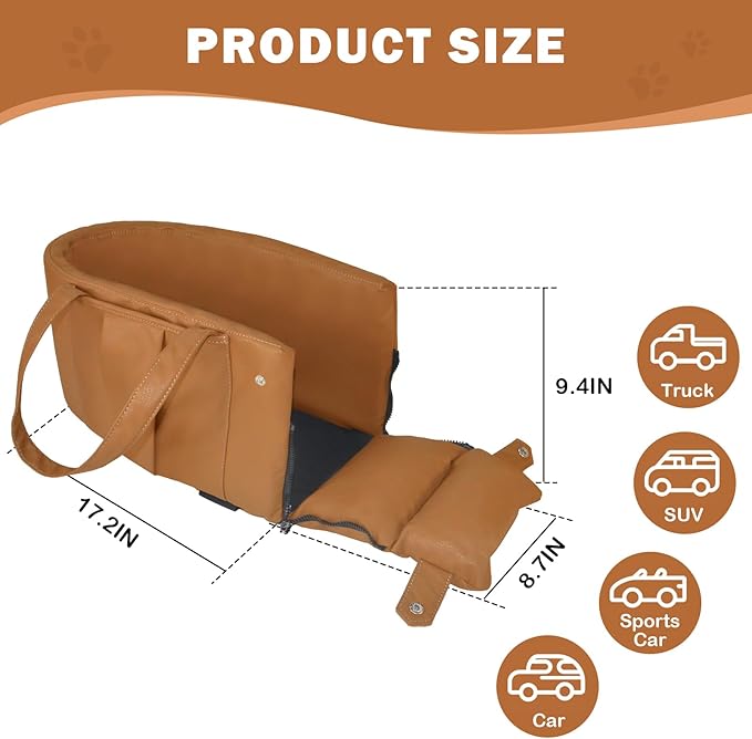 2 and 1 Center Console Dog Car Seat & Carrier for Small Dogs, Large Leather Dog Car Bed with Storage Pocket, Waterproof PVC Leather Seat Travel Bed for Front & Back Seat, Clip-On Safety Leash-PurrikoPets