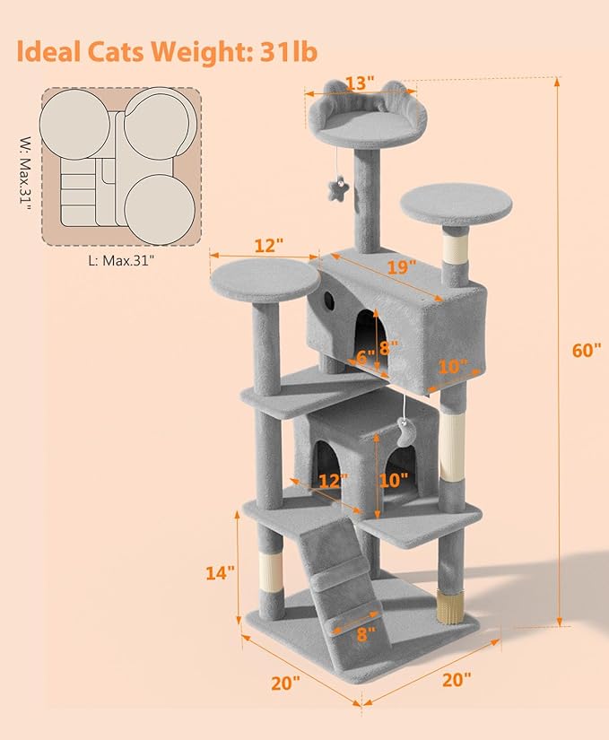60'' Cat tree Tower for Indoor Cats Large Adult,Cute/Tall Modern Cat Tree for Big Cats 20 lbs,Plush Multi-Level Cat Condo with Scratching Posts,Dangling Ball for fun play(Light Gray, 60 inch)-PurrikoPets