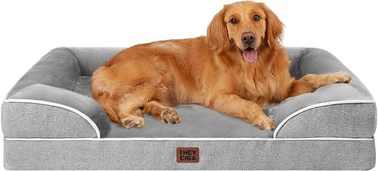 EHEYCIGA Orthopedic Dog Beds for Large Dogs, Waterproof Memory Foam Large Dog Bed with Sides, Non-Slip Bottom and Egg-Crate Foam Pet Couch Bed with Washable Removable Cover, Grey-PurrikoPets