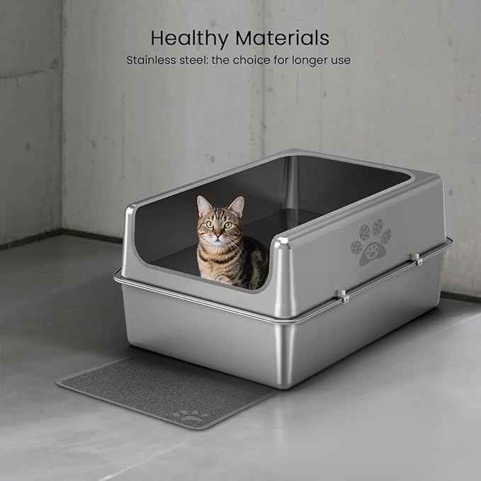 Enclosed Stainless Steel Cat Litter Box with Lid, Oversize Metal Litter Box for Multi Cats, XXXL Supersize Cat Toilet with High Side, Non-Stick, Anti-Leakage, Odorless, with Litter Mat & Litter Scoop-PurrikoPets