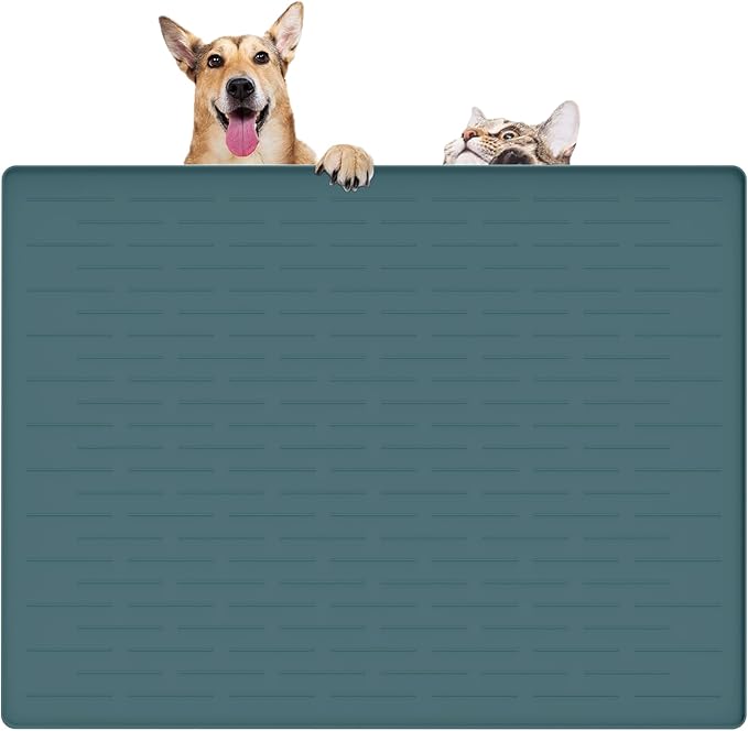 32" x 24" Large Pet Food Mat, Silicone Dog Mats for Food and Water, Nonslip Pet Feeding Mats for Floors,Dog Cat Bowl Mat with Raised Edges, Dark Green-PurrikoPets