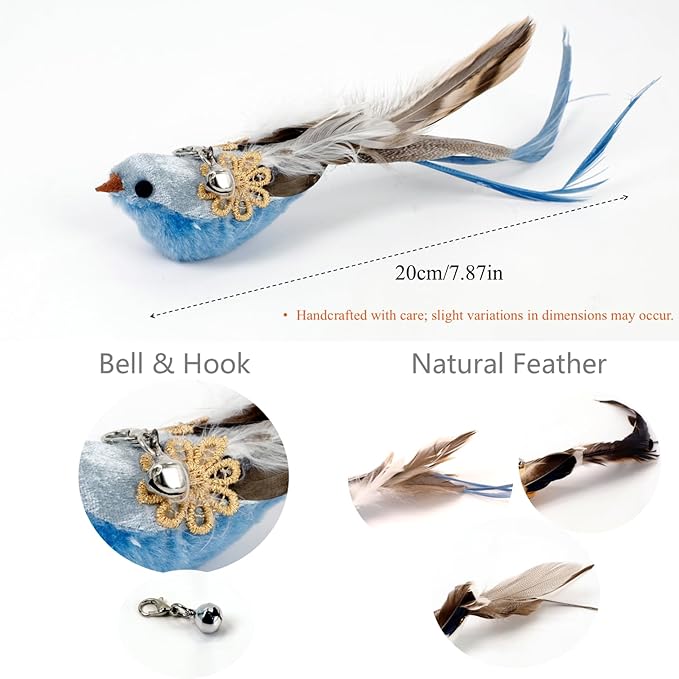 12PCS Interactive Cat Feather Wand Toy Set – 11 Bird & Feather Teaser Refills with Bells + Flexible Suction Cup Wand – Realistic Bird Design, Natural Materials, Indoor Cat Toys for Exercise & Play-PurrikoPets