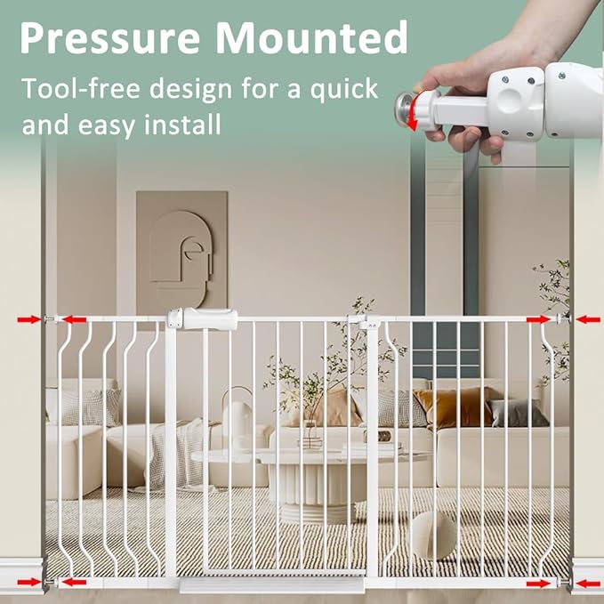 57.5"-62" Extra Wide Auto Closing Baby Safety Gate for Stairs & Doorways, Pressure Mounted No Drill Pet Gate with Walk-Through Door - Heavy Duty Childproof Gate for Toddlers, Kids, Dogs (White)-PurrikoPets