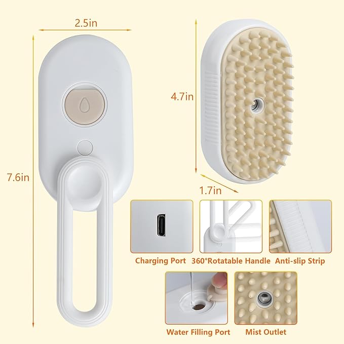 4 in 1 Cat Steam Brush Rechargeable pet spray comb Steam Brush for Cats and Dogs, Massage, Cleaning, Shedding & Combing Multifunctional Hair Removal Anti Static Grooming Tool for home (White)-PurrikoPets