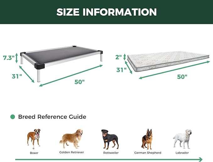 FXW TitanNest Chew-Proof Elevated Dog Bed, Raised Cot for Indoor/Outdoor/Camping Use, Durable & Washable Padded Pet Bed with Exclusive Reuseable Cover for Large Dogs, 50.0" L x 31.0" W x 7.3" H, Gray-PurrikoPets