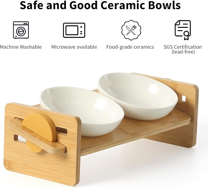 FUKUMARU Elevated Cat Ceramic Bowls, Small Dog 15° Tilted Raised Food Feeding Dishes, Solid Bamboo Water Stand Feeder Set for Cats and Puppy-PurrikoPets