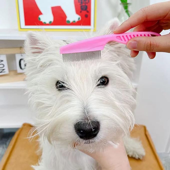 Flea Comb Lice Comb Cat Comb Dog Comb Pet Grooming Combs Tear Stain Remover Comb Remove Mucus Crust 2-in-1 Metal Round Smooth Teeth Comb Remove Floating Hair Tangles Dander (pink)-PurrikoPets