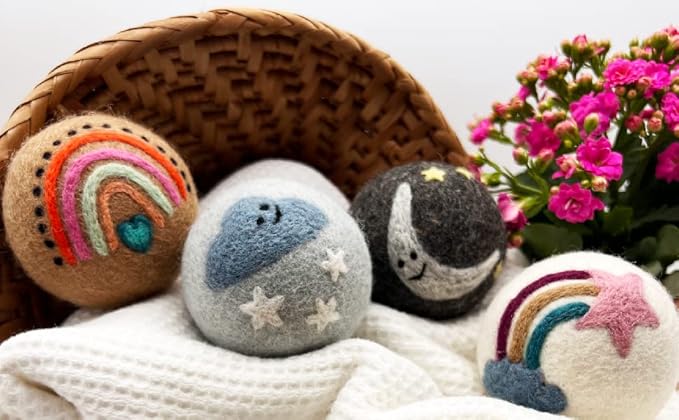 Fluff Ewes Wool Dryer Balls 6 Pack Premium New Zealand Wool Laundry Balls for Dryer, No Static Dryer Balls Laundry Reusable, XL Wool Dryer Balls Cute, Baby Dryer Balls for Dryers - Rainbow or Shine-PurrikoPets