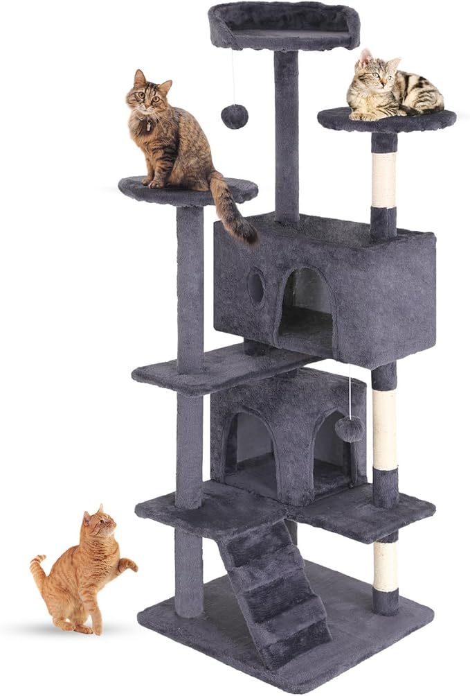FDW Cat Tree 54in Cat Tower Multi-Level Durable Cat Scratching Post & Cozy Fun Cat Jumping Platform Space Saving Cat Condo Pet Play House for Indoor Cats,Ashy-PurrikoPets