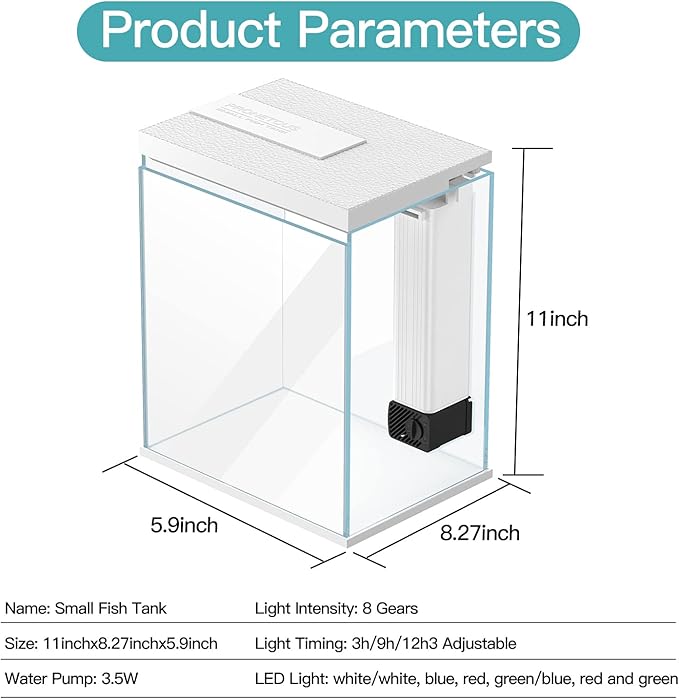 2 Gallon Glass Betta Fish Tank with Heater Filter and Light, Self-Cleaning Small Fish Tank Starter Kits.-PurrikoPets