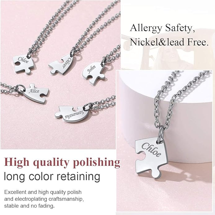 FindChic Personalized Matching BFF Necklace for 2/3/4/5/6 Puzzle Name Heart Pendant Stainless Steel Couple Necklace Set Customized Necklaces for Teen Girls