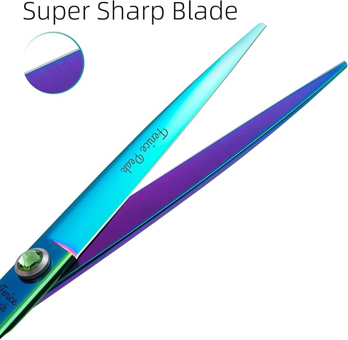 Fenice Peak 7.5'' Green Straight Dog Grooming Scissors Pet Shears with Ergonomic Offest Handle and Simulated Emerald Screw 440C Grooming Scissors Trimming Shears Durable and Sharp-PurrikoPets