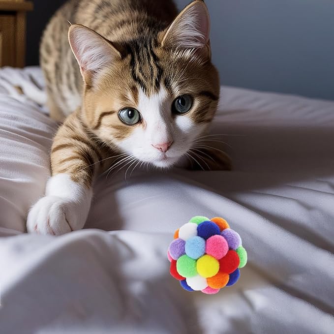 9PCS Cat Toy Balls, 1,75'' Soft Pom Pom Balls for Kittens, Colorful Soft Fuzzy Balls for Cats, Interactive Playing Chewing Toys for Indoor Cats and Kittens, Cute Kitten Kitty Toys-PurrikoPets