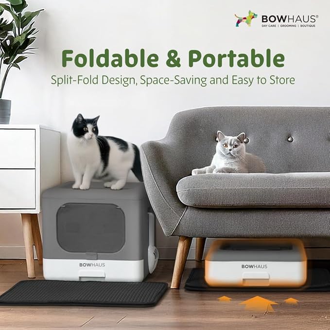 Foldable Cat Litter Box w/Lid, Scoop & Mat, Drawer Design Cat Toilet for Kitten, Two-Way Entry Kitty Litter Box, Odor Control & Easy to Clean, Dark Grey-PurrikoPets