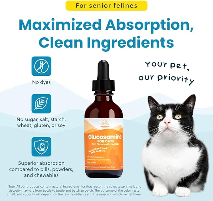 100% Natural Liquid Glucosamine Chondroitin with MSM for Cats, Hip & Joint Supplement for Senior Felines, Arthritis Support & Mobility Booster Glucosamine Drops, 2 Oz-PurrikoPets