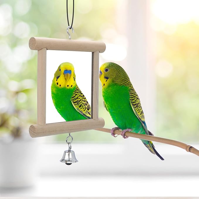 4 PCS Bird Mirror with Bell Parrot Hanging Interactive Playing Toy for Cockatiel Parakeets Canaries Budgie Cage Accessories-PurrikoPets