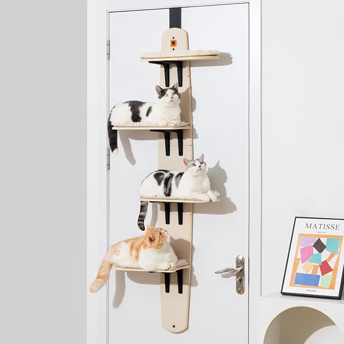 Door Hanging Cat Shelf, Multi Level Door Hanging Cat, Cat Tree Door Hanger Mounted Cat Shelves Cat Ladder, 4-Levels Over Door Cat Climber for Indoor Cats-PurrikoPets
