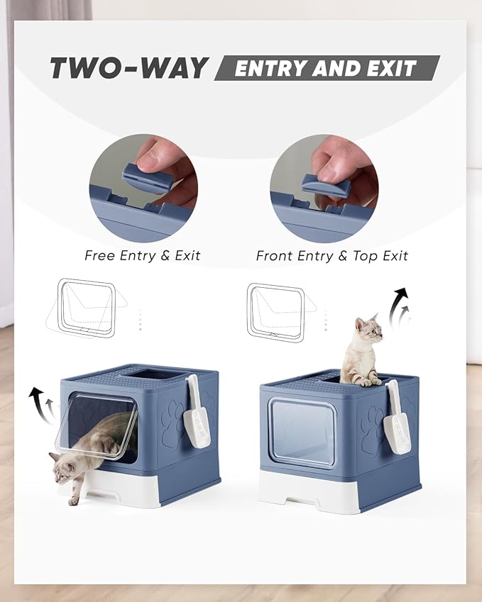 Enclosed Cat Litter Box, Large Litter Box for Big Cats, Covered Kitty Litter Boxes with Lid, Top Entry Cat Box Enclosure with Scoop, Odor Control, Easy to Clean(Blue)-PurrikoPets