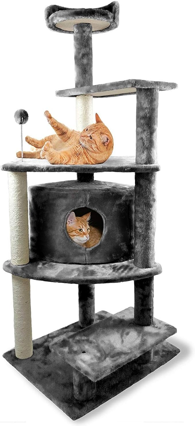 Furhaven 59.8" Tall Cat Tree for Indoor Cats, Ft. Sisal Scratching Posts, Condo, & Toys - Tiger Tough Platform House Interactive Playground Tower - Gray, One Size-PurrikoPets
