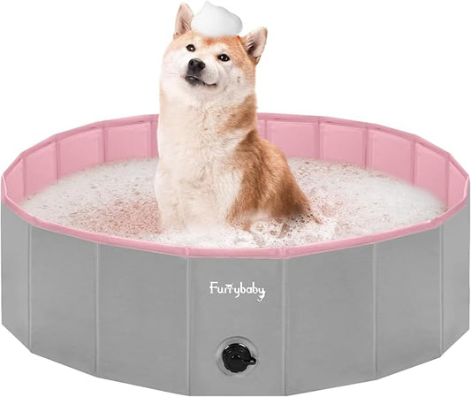 Furrybaby Dog Pool, Kiddie Pool with Hard Plate Collapsible Pet Bath Foldable Swimming Pet Pool Portable Pink 39''-PurrikoPets