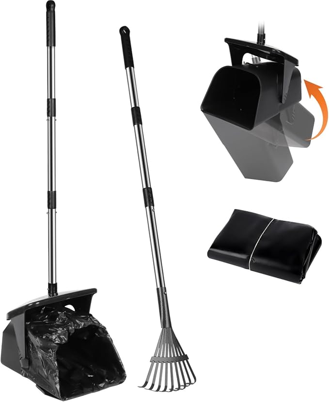 Dog Pooper Scooper with 20 Bag Attachment Long Handle Swivel Bin, Rake Heavy Duty Pooper Scooper for Large Medium Dogs Easy to Clean Poop Scooper for Yard, Grass, Gravel-PurrikoPets