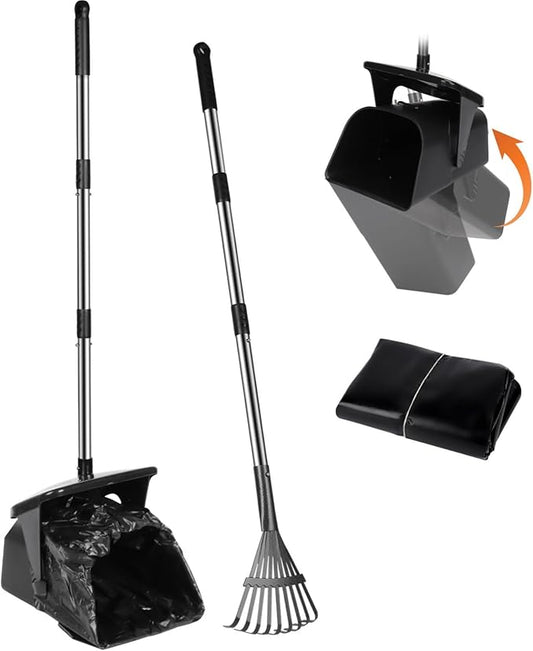 Dog Pooper Scooper with 20 Bag Attachment Long Handle Swivel Bin, Rake Heavy Duty Pooper Scooper for Large Medium Dogs Easy to Clean Poop Scooper for Yard, Grass, Gravel-PurrikoPets