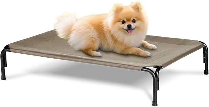 Elevated Dog Bed Outdoor, Medium Raised Cooling Dogs Cot, Lifted Pet Beds with Durable Breathable Teslin Mesh, Pet's Hammock with Non-Slip Feet, 35 inch Brown-PurrikoPets