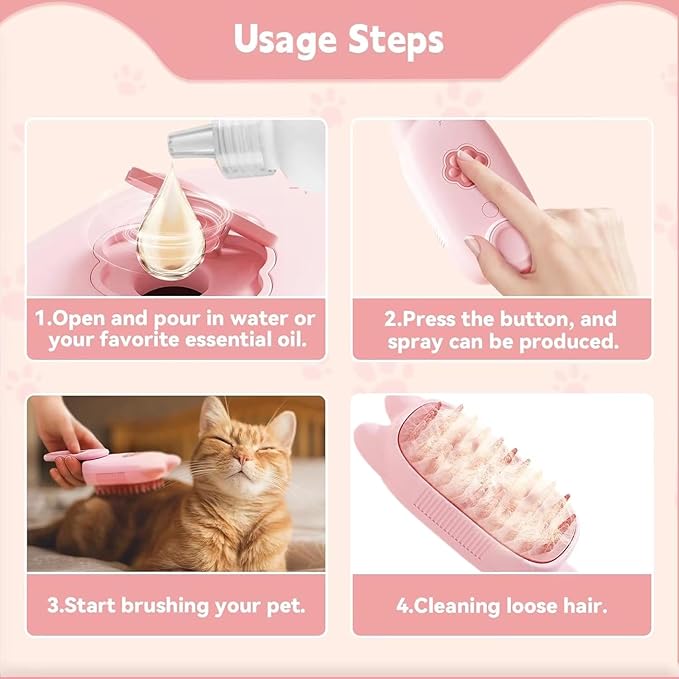 4 in 1 Cat Steam Brush Rechargeable pet spray comb Steam Brush for Cats and Dogs, Massage, Cleaning, Shedding & Combing Multifunctional Hair Removal Anti Static Grooming Tool for home (Pink)-PurrikoPets