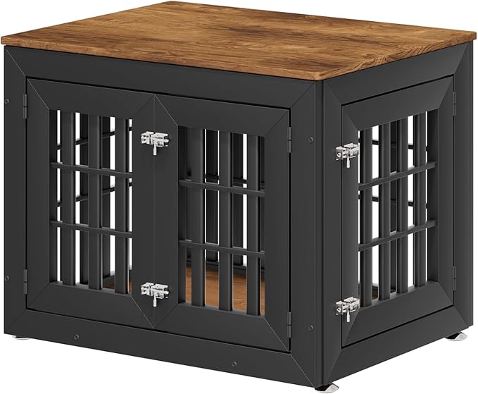 32" Heavy Duty Dog Crate Furniture for Small,Medium and Large Dogs,Rustic Wooden Dog Cage Kennel Indoor Furniture with Waterproof Top,Decorative Pet House Side End Table (Black & Wood)-PurrikoPets
