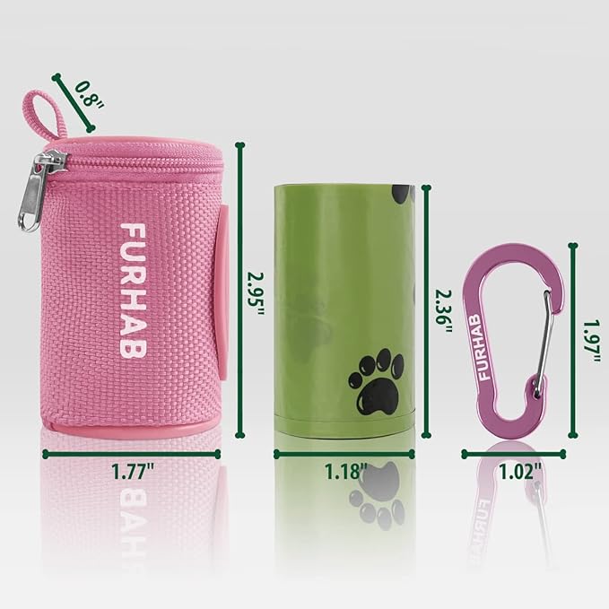 Dog Poop Bag Holder for Leash Doggie Waste Bag Dispenser Soft Fabric Puppy Potty Carrier Small Doggy Zipper Pouch with Carabiner Clip 1680D Nylon Oxford with 1 Roll of Pet Trash Bags, Pink-PurrikoPets
