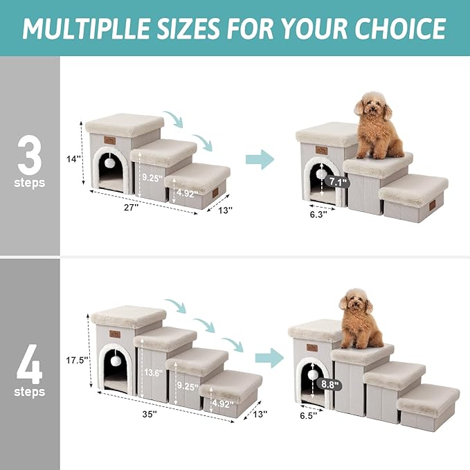 Dog Stairs for Small Dogs with Storage and Condo, 17.5" H Foldable Pet Stairs for Small Medium or Puppy Dogs and Older Cats, Dog Steps for Bed or Couch, 13x35x17.5 inch, 4 Tiers, Beige-PurrikoPets