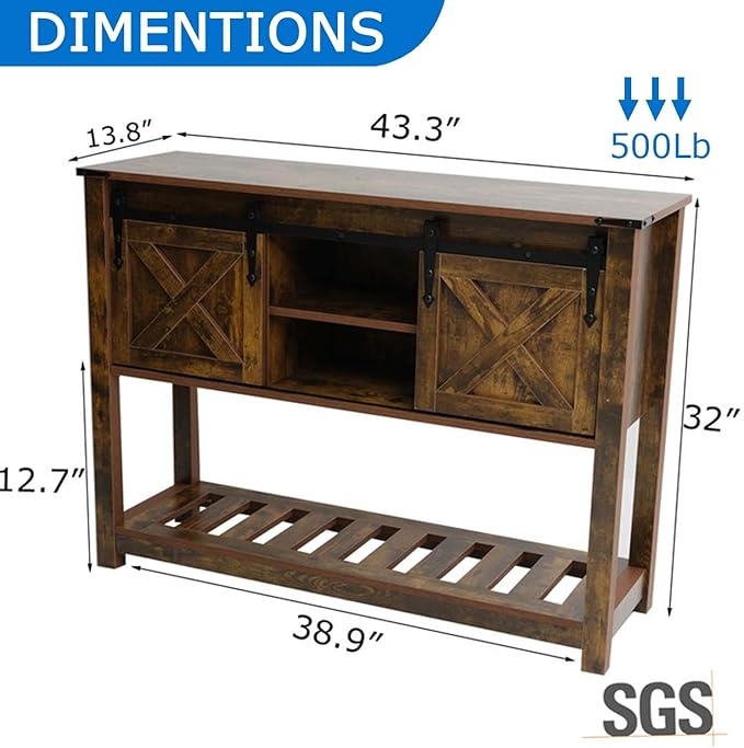Entryway Table with Storage, Farmhouse Buffet Cabinet Coffee Bar Kitchen Island with Sliding Barn Doors & Shelves, Console Table for Kitchen, Dining Room, Living Room, Brown-PurrikoPets