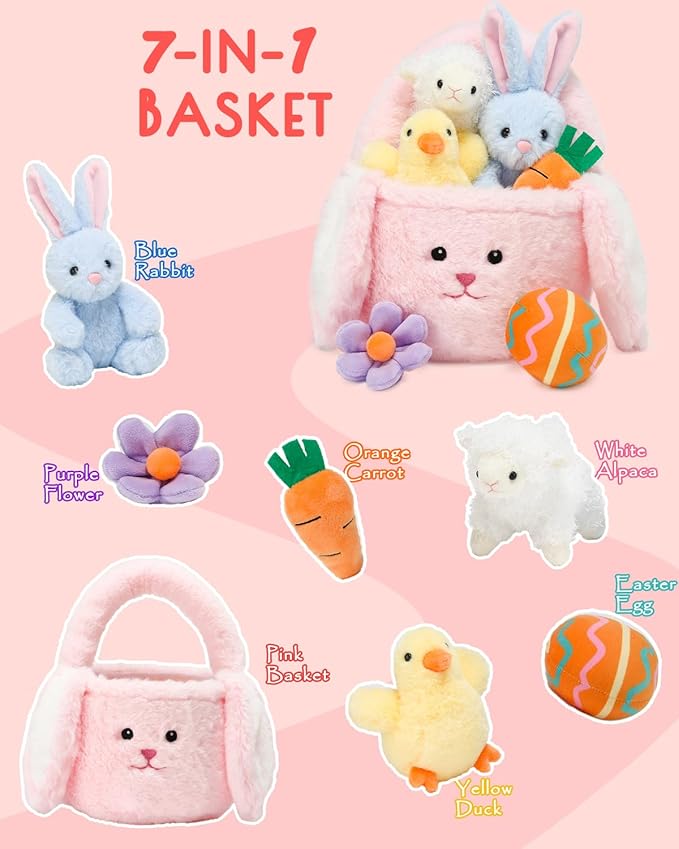 7 Piece Plush Stuffed Animals Playset Toys with Rabbit, Chick, Lamb, Carrot, Egg, Flower, Furry Bag, Soft Basket Set Toys for Girls Kids Ages 3+, Birthday Christmas Valentines Easter Party Favors-PurrikoPets
