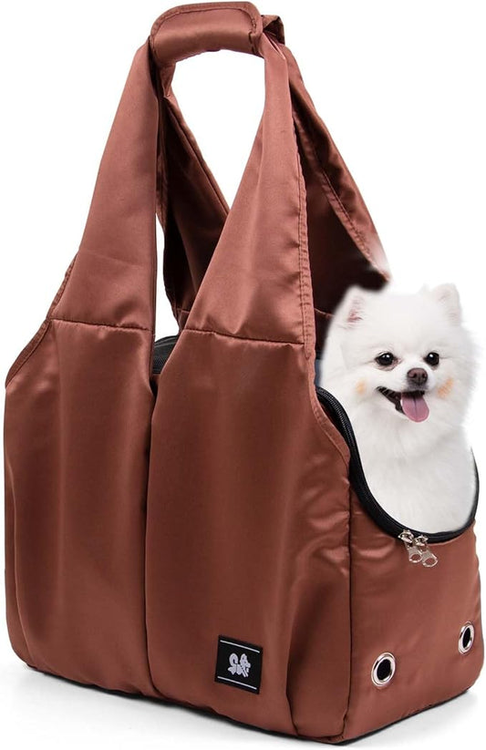 Dog Purse Carrier for Small Dogs, Cats, and Puppies – Soft-Sided Travel Pet Tote Bag with 4 Large Pockets, Foldable, Lightweight, Fits Pets up to 15 lbs, for Travel, Outings (Brown)-PurrikoPets