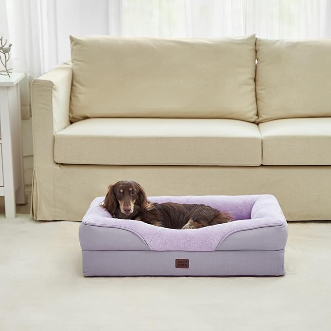 EHEYCIGA Memory Foam Dog Bed for Large Sized, Orthopedic Dog Sofa with Sides and Waterproof Liner, Washable Bolster Pet Couch with Removable Cover, 41x27x7.5 Inch, Purple-PurrikoPets