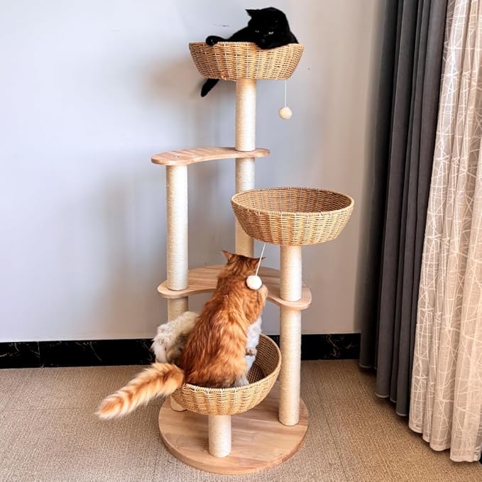 54" Large Modern Cat Trees, Luxury Rattan Oak Solid Wood Cat Trees Towers，3 Weaving Cat Nests & Washable Cool Cushions, Sisal Scratching Posts,Cat Condo for Indoor Cats- Wood Wax Oil Version-PurrikoPets