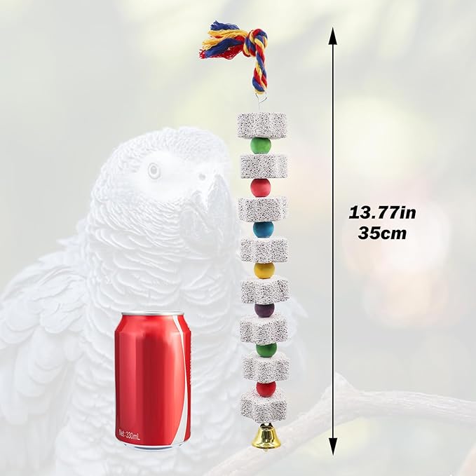 2 Pack Mineral Block Chew Toys with Colorful Beads and a Bell, Bird Beak Grinding Stone, Cage Accessories for African Grey, Budgies, Cockatiels, Small to Medium Birds-PurrikoPets