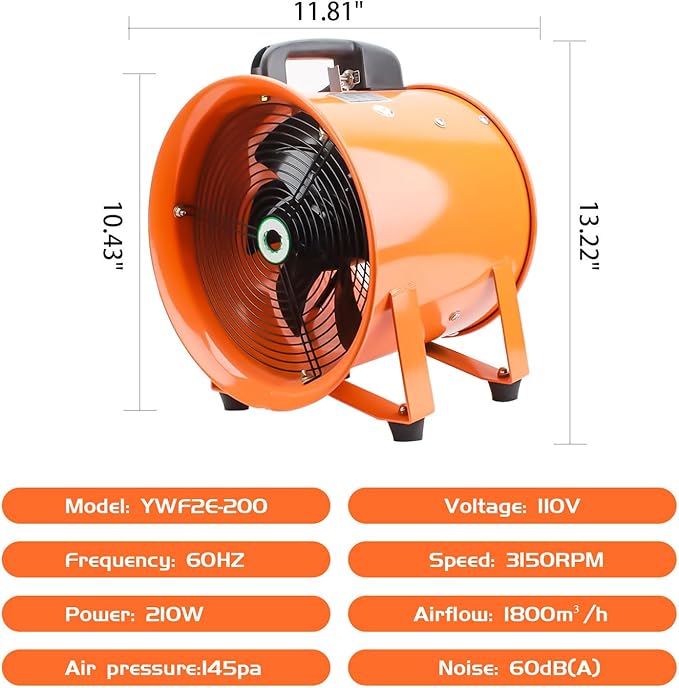 8-Inch High-Velocity Portable Utility Blower Fan, Industrial Exhaust Fan with 33ft Flexible Duct Hose, 3150 RPM Low-Noise Ventilator for Basements, Workshops, Warehouses, and Confined Spaces-PurrikoPets