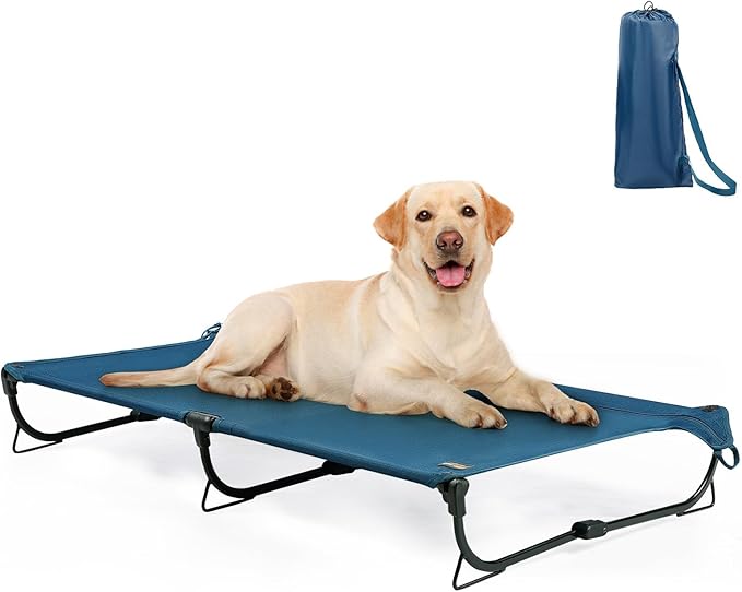 Folding Raised Dog Cot, Large Outdoor Elevated Dog Bed, Cooling Chew Proof Pet Cots Bed, Portable, Heavy Duty Up to 160 lbs, Pet Cot for Camping, Home, Dark Blue, 43"x27"x7"-PurrikoPets