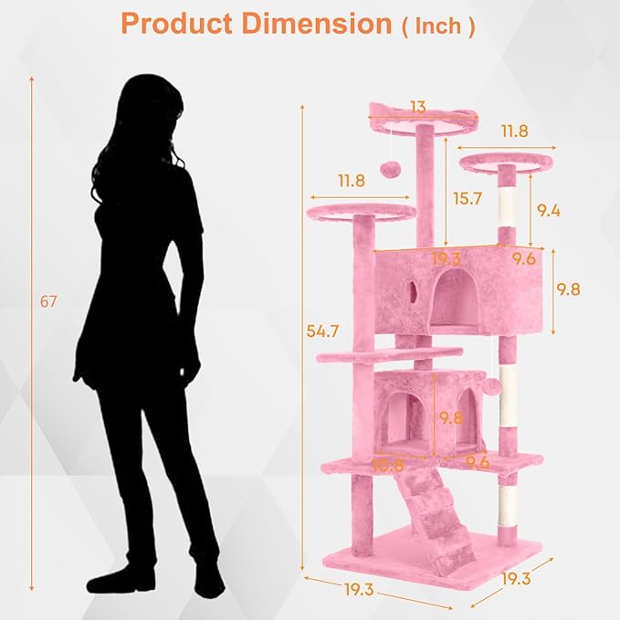 54.7 inches Cat Tower for Indoor Cats, Multi-Level Cat Condos with Scratching Posts, Hanging Toys, Pink-PurrikoPets