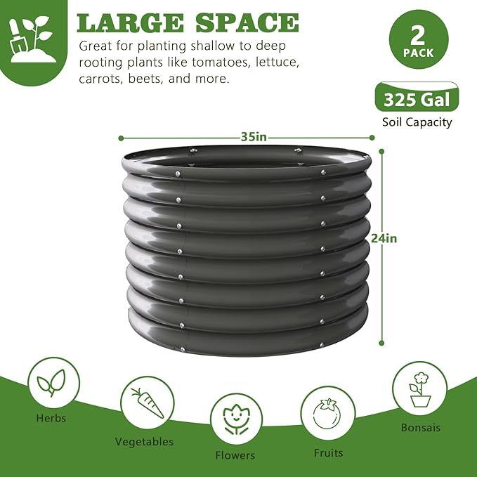 A ANLEOLIFE 2-Pack 3ft x 24” Tall Galvanized Raised Garden Beds Outdoor, Round Metal Planter Box for Planting Vegetables Flowers Herb, Anti-Rust & Easy-Setup, Quartz Grey-PurrikoPets