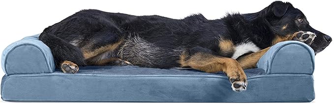 Furhaven Cooling Gel Dog Bed for Large/Medium Dogs w/ Removable Bolsters & Washable Cover, For Dogs Up to 55 lbs - Faux Fur & Velvet Sofa - Harbor Blue, Large-PurrikoPets