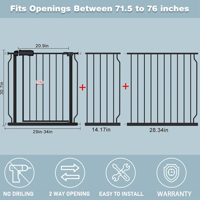 Extra Wide Baby Gate 71.6-76.37 Inch Black, Walk Through Pressure Mounted No Drill Long Large Tension Metal Gate for Dog and Toddler-PurrikoPets