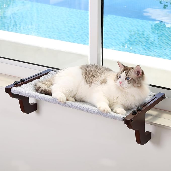 Easy Seat Cat Perch for Window Sill - Hammock Design w/Premium Wood & Robust Metal Frame - Cat Window Seat for Large Cats and Kittens (Dark Stained Wood w/Gray Bed, Large (26''W x 14''D))-PurrikoPets