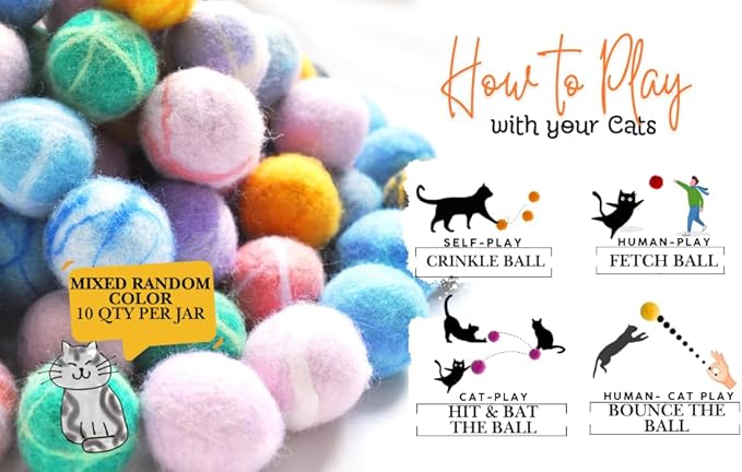 Felt Wool Cat Toys Ball with Catnip and Bell, Natural Handmade cat Toys Ferret Toys cat Gift Basket (Felt Wool Mixed in Jar)-PurrikoPets