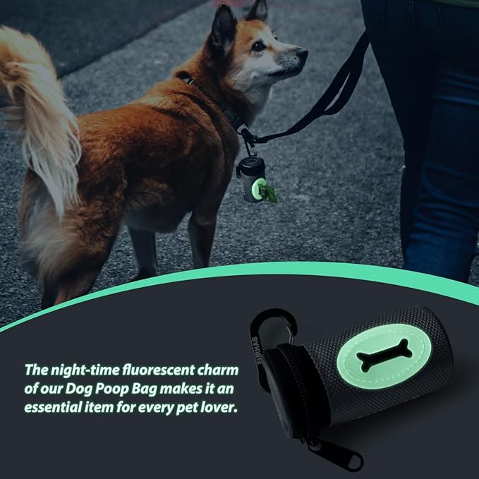 Glow Dog Poop Bag Holder for Leash Doggie Waste Bag Dispenser Puppy Potty Carrier Small Doggy Zipper Pouch with Carabiner Clip 1680D Nylon Oxford with 1 Roll of Pet Trash Bags, Silver-PurrikoPets